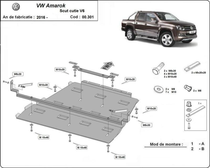 Stalowa płyta pod skrzynię biegów i reduktor Volkswagen Amarok - V6 automat (2016-2022)