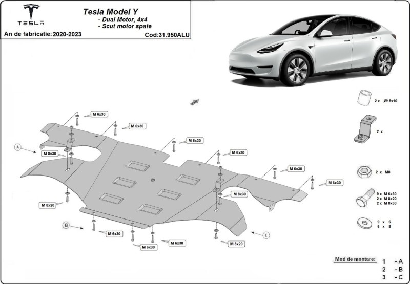 Aluminiowa płyta pod silnik elektrycznego Tesla Y (2020-2023)