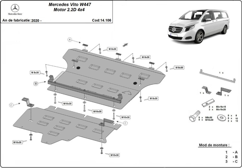 Stalowa płyta pod silnik Mercedes Vito W447, 2.2 D, 4x4 (2020-2026)