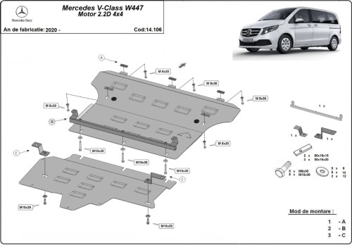 Stalowa płyta pod silnik Mercedes V-Class W447, 2.2 D, 4x4 (2020-2026)