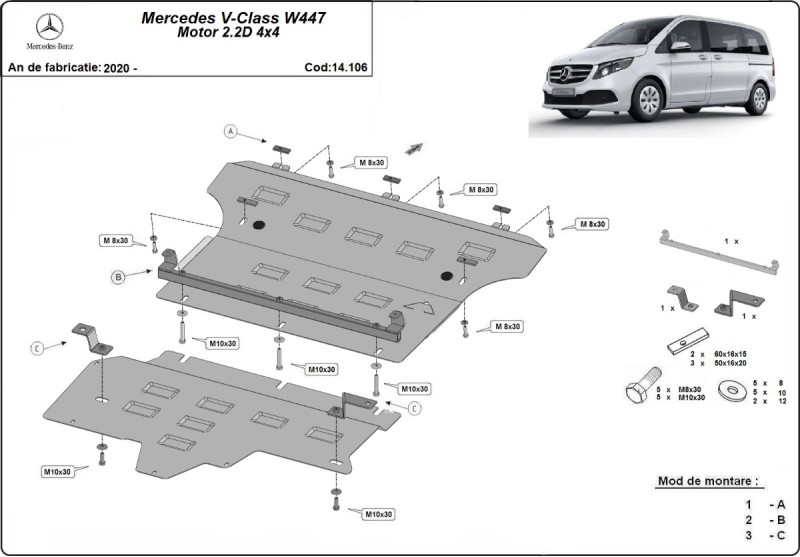 Stalowa płyta pod silnik Mercedes V-Class W447, 2.2 D, 4x4 (2020-2026)
